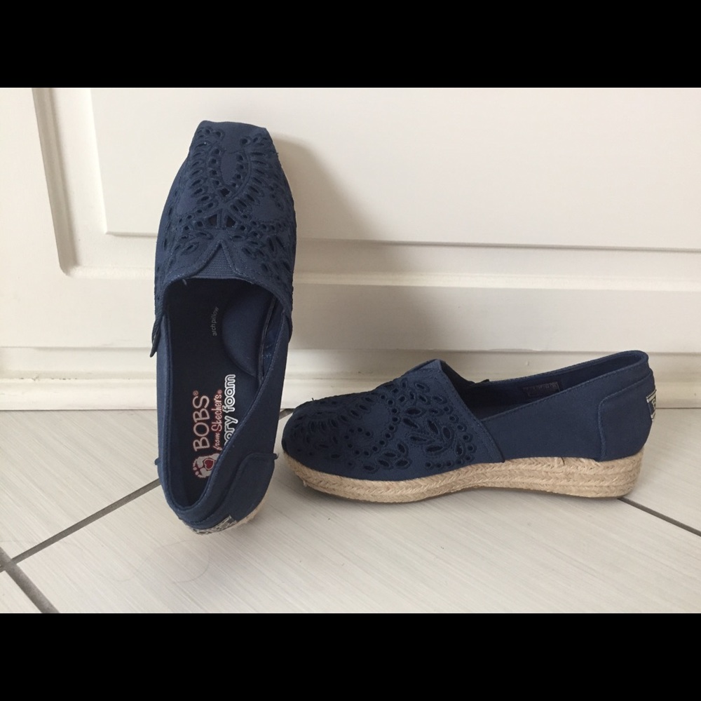 BOBs Navy women’s loafer with espadrille wedge